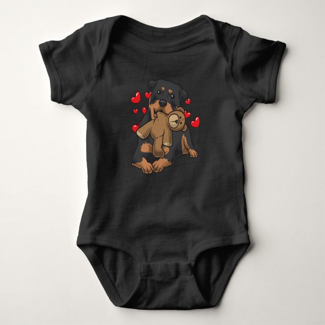 Rottweiler Dog with stuffed animal and hearts Baby Bodysuit (Front)