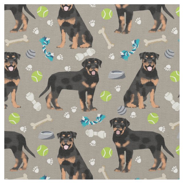 Rottweiler dogs and dog toys taupe fabric (Close Up)