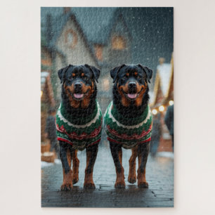 Rottweiler Dogs Christmas Snow Holiday Jigsaw Puzzle