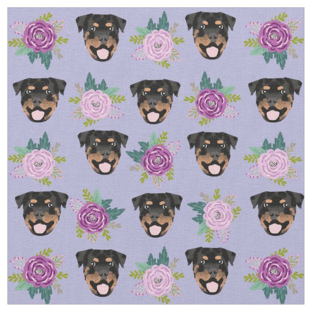 Rottweiler dogs purple florals fabric (Close Up)