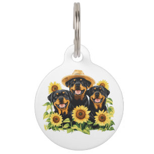 Rottweiler Dogs Surrounded By Sunflowers Pet Tag