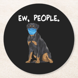 rottweiler ew people dog wearing face mask round paper coaster