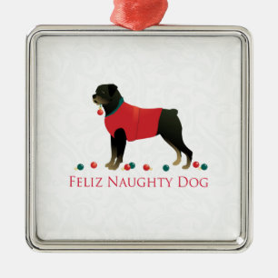 Rottweiler Feliz Naughty Dog Christmas Design Metal Tree Decoration
