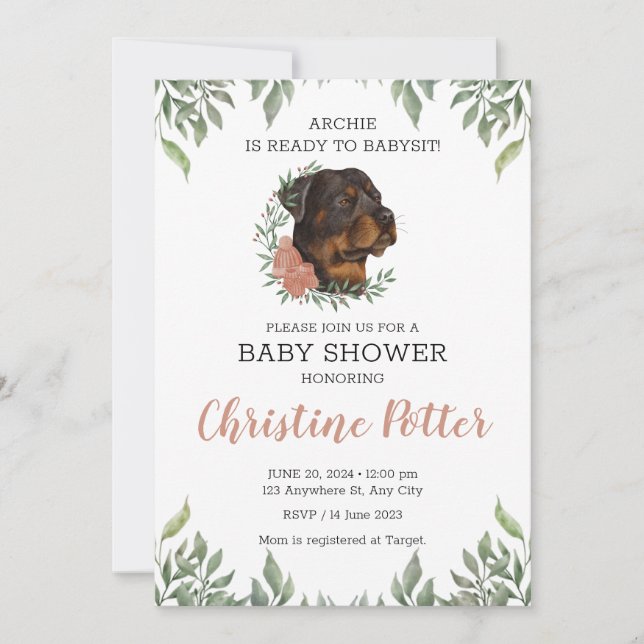 Rottweiler Girl Dog Boho Greenery Baby Shower Invitation (Front)