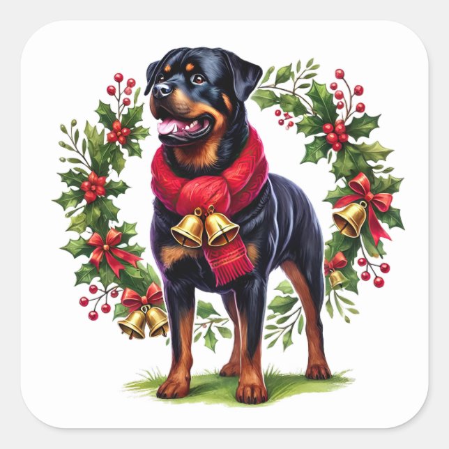 Rottweiler in a Christmas Wreath With Bells Square Sticker (Front)