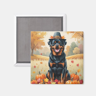 Rottweiler In Autumn Leaves Thanksgiving Art Magnet