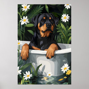 Rottweiler In Bathtub Poster, Funny Dog Poster