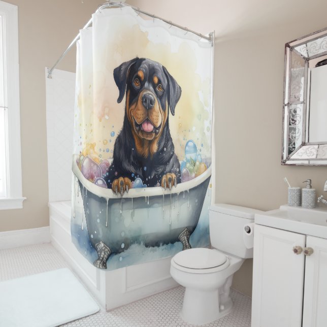 Rottweiler In Bathtub Watercolor Dog Art Shower Curtain (In Situ)