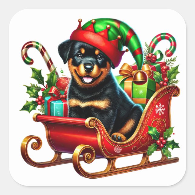 Rottweiler in Christmas Gift Sleigh Square Sticker (Front)
