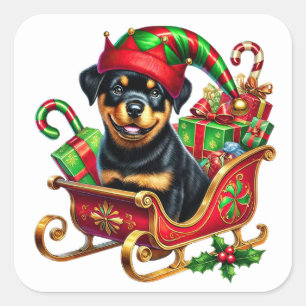 Rottweiler in Christmas Sleigh Filled With Gifts Square Sticker