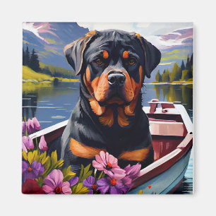 Rottweiler on a Paddle: A Scenic Adventure Magnet