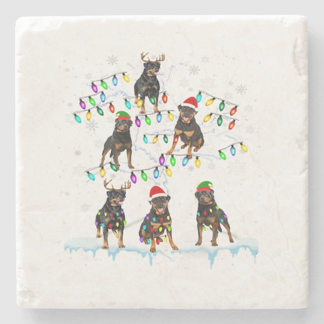Rottweiler On Xmas Tree Reindeer Santa Dog Lover Stone Coaster (Front)