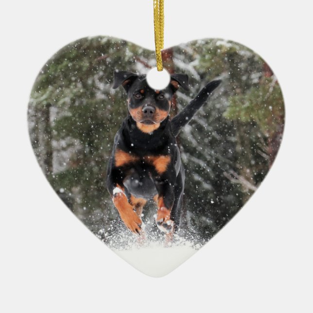Rottweiler Ornament-Running In Winter Snow Ceramic Tree Decoration (Front)