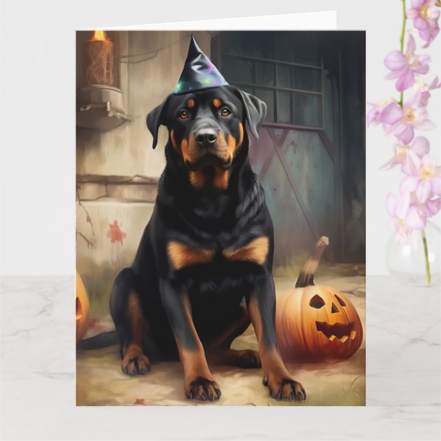 Rottweiler Pumpkins Halloween Scary  Card (Orchid)