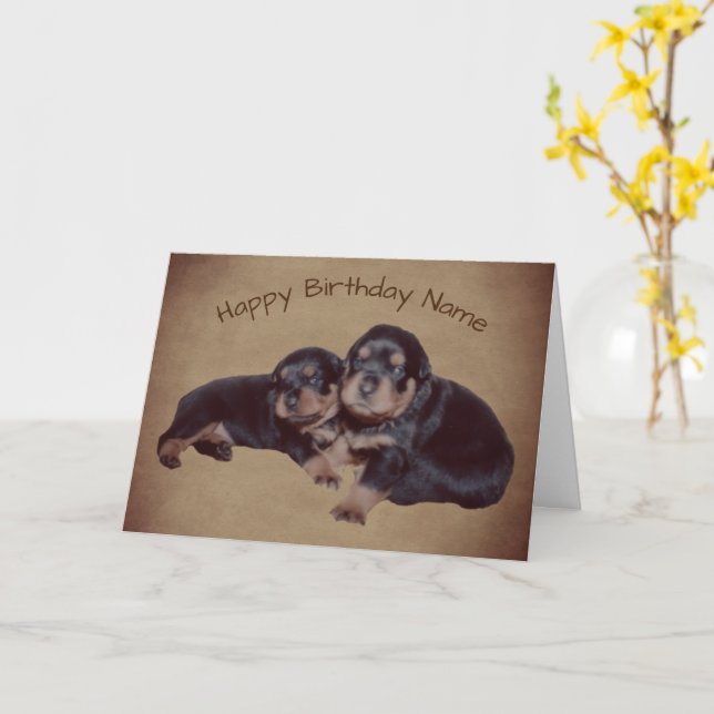 Rottweiler Puppies Personalised Birthday Card (Yellow Flower)