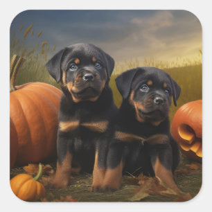 Rottweiler Puppy Autumn Delight Pumpkin Square Sticker
