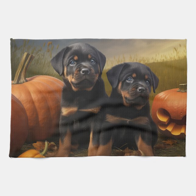 Rottweiler Puppy Autumn Delight Pumpkin Tea Towel (Horizontal)