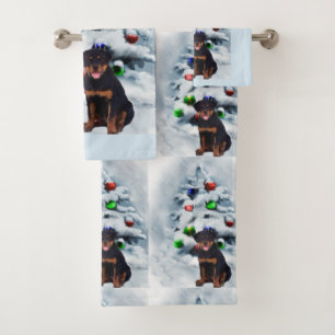 Rottweiler Puppy Christmas Bath Towel Set