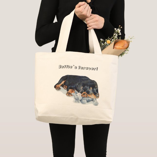 rottweiler puppy cuddling teddy dog portrait art large tote bag (Front (Product))