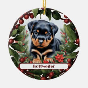Rottweiler Puppy Holiday Joy Custom Christmas Ceramic Tree Decoration