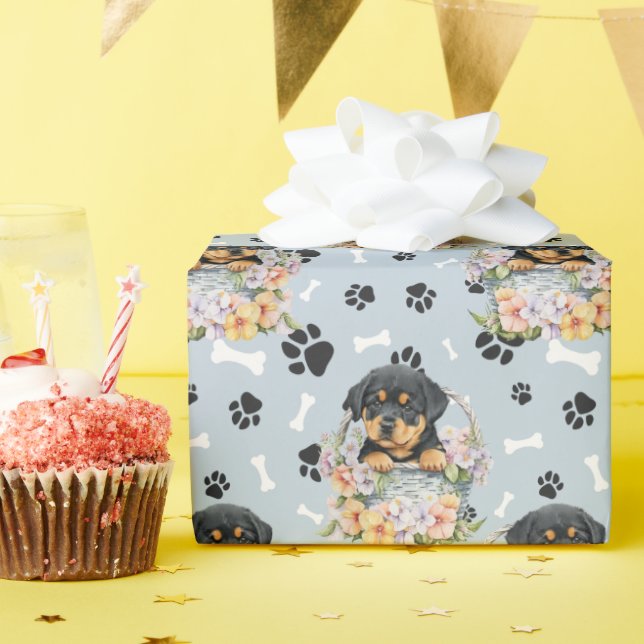 Rottweiler Puppy in Floral Basket Paw Print  Wrapping Paper (Birthday Party)