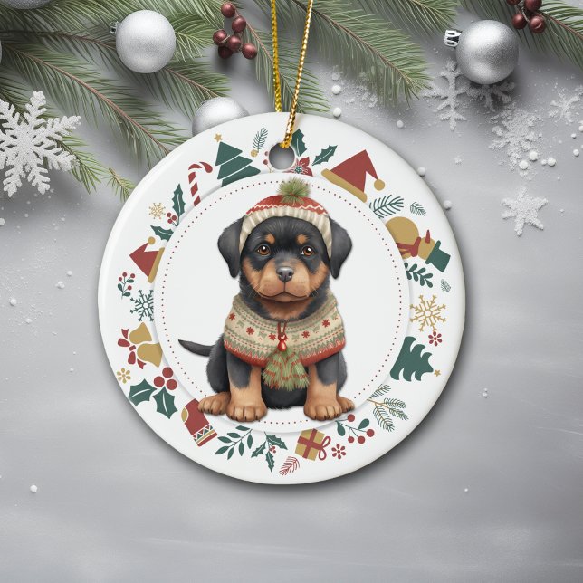 Rottweiler Puppy in Winter Sweater Christmas Ceramic Tree Decoration (Creator Uploaded)
