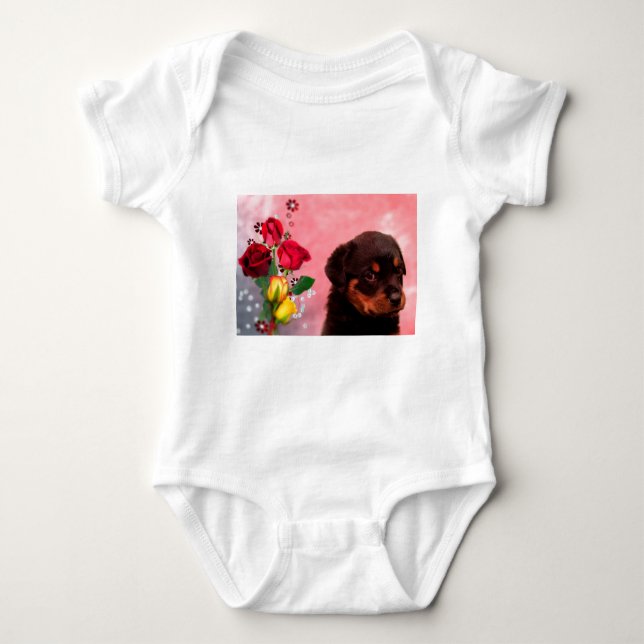 Rottweiler Puppy with Red and Yellow Flowers Baby Bodysuit (Front)