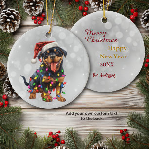 Rottweiler Puppy Wrapped in Christmas Lights Ceramic Tree Decoration