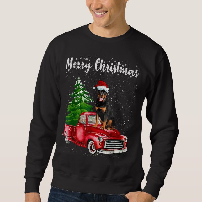 Rottweiler Riding Red Truck Merry Christmas Dog Lo Sweatshirt (Front)