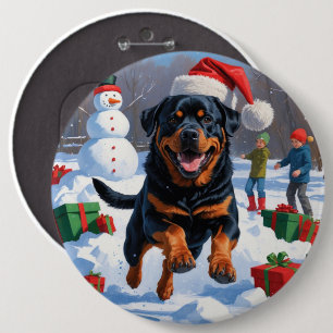Rottweiler Running in Snow with Christmas Hat 6 Cm Round Badge