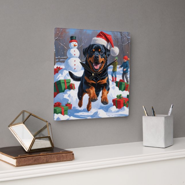 Rottweiler Running in Snow with Christmas Hat Square Wall Clock (Office)