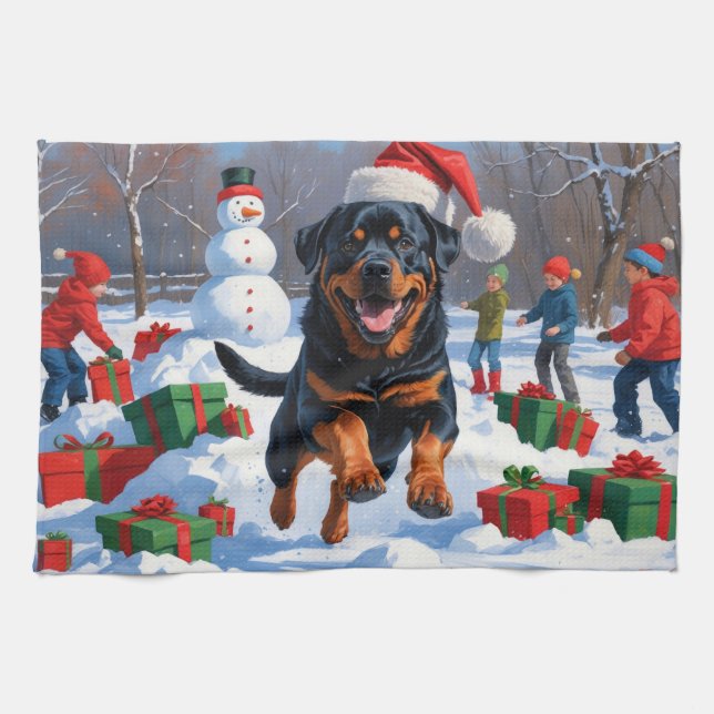 Rottweiler Running in Snow with Christmas Hat Tea Towel (Horizontal)