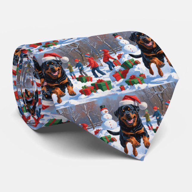 Rottweiler Running in Snow with Christmas Hat Tie (Rolled)