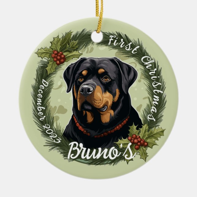 Rottweiler’s First Christmas Ceramic Tree Decoration (Front)