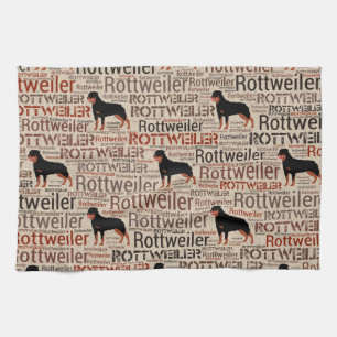 Rottweiler silhouette and word art pattern tea towel