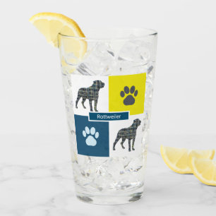 Rottweiler Silhouette Dog & Paw Yellow & Blue Grid Glass