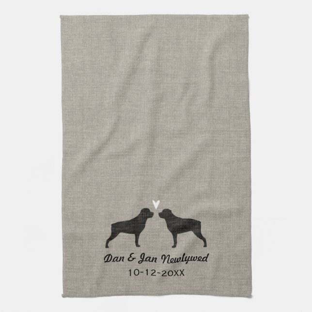 Rottweiler Silhouettes with Heart and Text Tea Towel (Vertical)