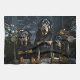 Rottweiler Snowy Sleigh Christmas Decor  Tea Towel