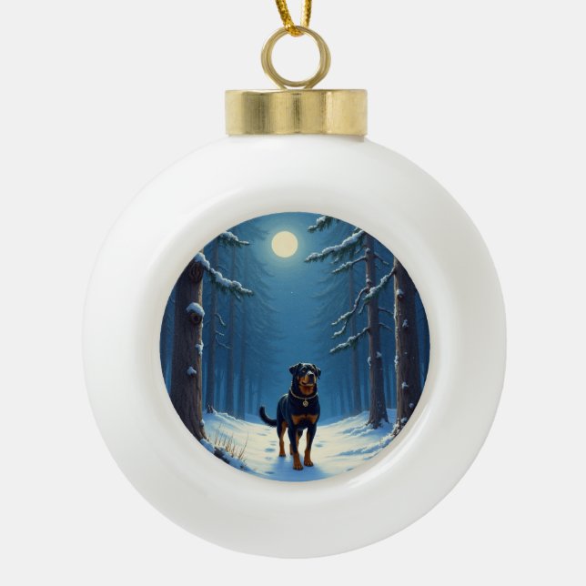 Rottweiler Starry Forest Hike Christmas Painting Ceramic Ball Christmas Ornament (Front)