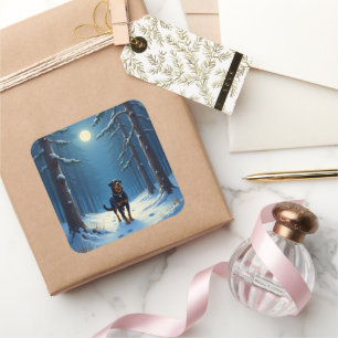 Rottweiler Starry Forest Hike Christmas Painting Square Sticker