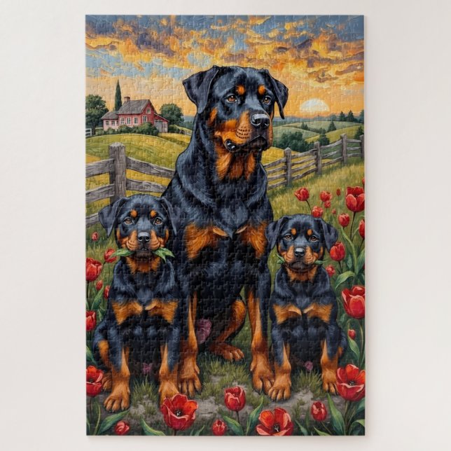 Rottweiler Tulip Field Art Jigsaw Puzzle (Vertical)