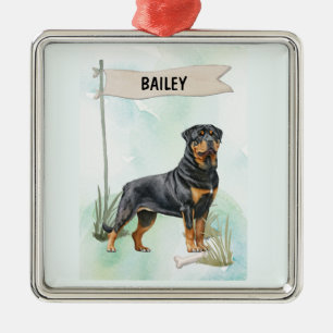 Rottweiler Watercolor Personalised Dog Metal Tree Decoration