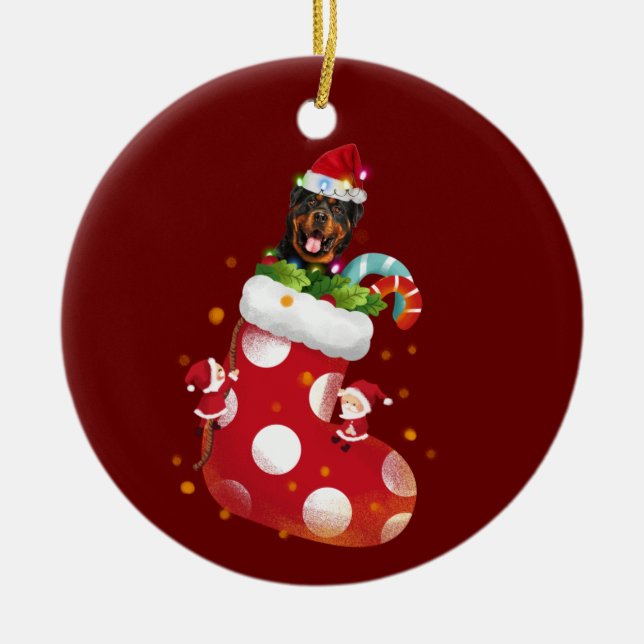 Rottweilers With Hat Sock Christmas Ceramic Tree Decoration (Front)