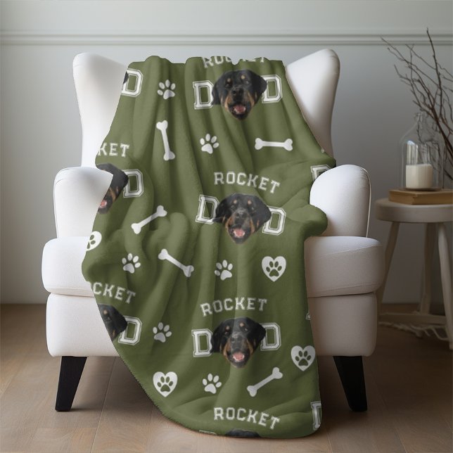 Rottweiller Dad, Military Green Custom Name Repeat Fleece Blanket (Creator Uploaded)