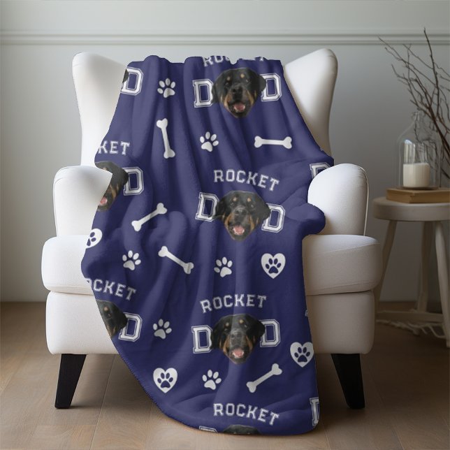 Rottweiller Dad, Navy Blue Custom Name Repeat Fleece Blanket (Creator Uploaded)