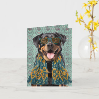 Rottwieler Dog Turquoise and Yellow Monogrammed Card