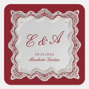 Rouge Red Old Money Lace Wedding Square Sticker