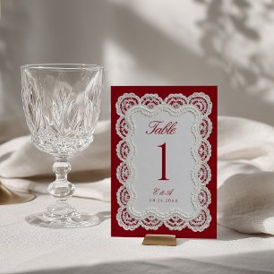 Rouge Red Old Money Lace Wedding Table Number