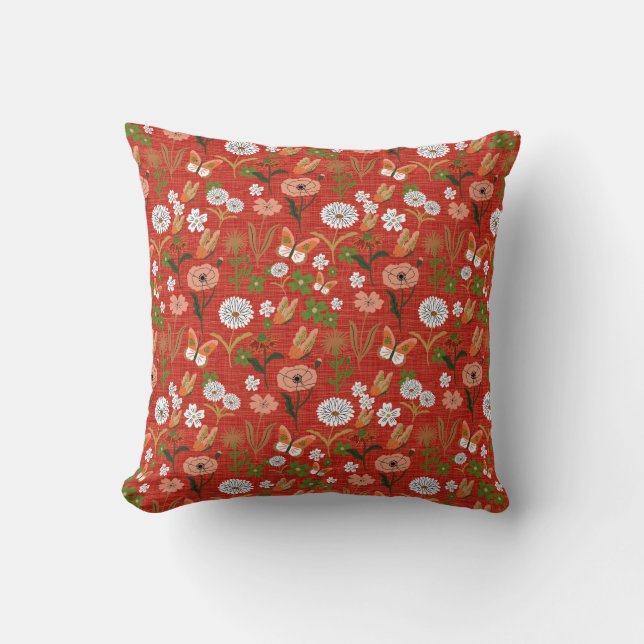 Rough Bamboo Floral Butterfly Shamrocks in Red Cushion (Front)