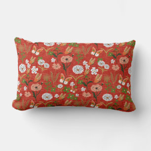 Rough Bamboo Floral Butterfly Shamrocks in Red Lumbar Cushion